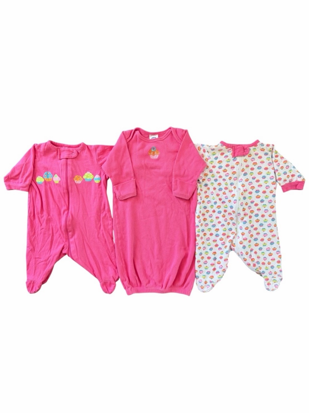 Gerber Newborn Girl Sleep Gown Footed Pajamas 3 Piece Pink Cupcake Cotton